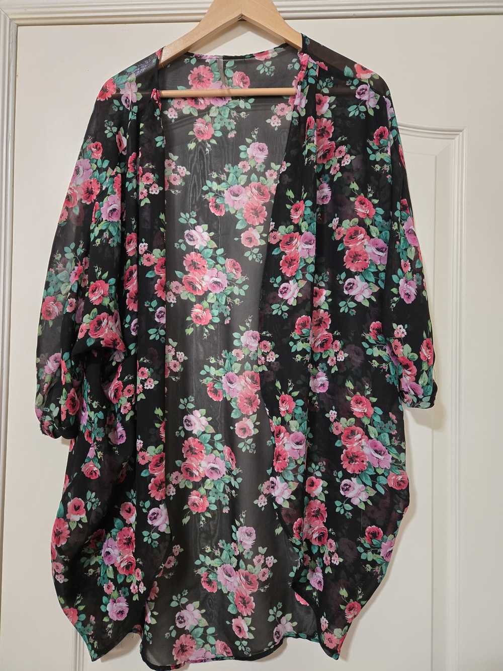 Floral Sheer Kimono Cardigan - Black with Pink Floral Flowy Drapey